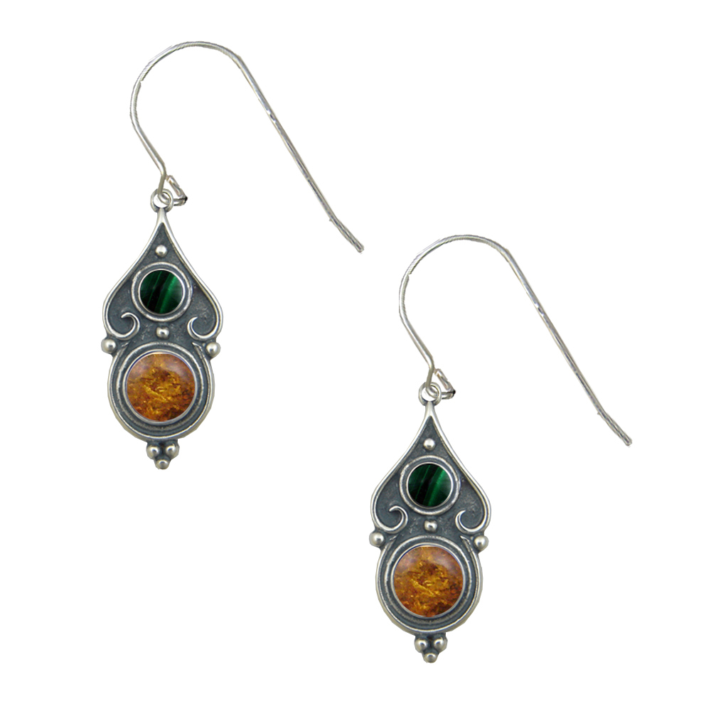 Sterling Silver Designer Post Stud Earrings With Amber And Malachite